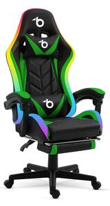 Sprinter RGB LED-es gamer szék - karfával, párnával - fekete / zöld - BMD1115GR - 110kg, állítható magasságú forgószék