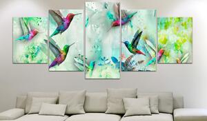 Vászonkép - Colourful Hummingbirds (5 Parts) Wide Green