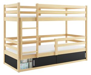 ERYK 1 emeletes ágy+matrac+ágyrács ingyen, 80x190 cm, fenyő/fekete