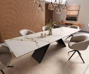 DELIFE Étkezőasztal Edge 300x100 kerámia Calacatta Luxe fehér arany szürke V alakú láb laposacél fekete