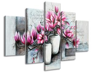 Kézzel festett kép Rózsaszín magnóliák a vázában - 5 részes Méretek: 150 x 105 cm