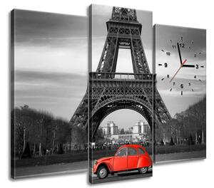 3 részes órás falikép Vörös autó az Eiffel-torony alatt