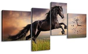 4 részes órás falikép Erős fekete ló