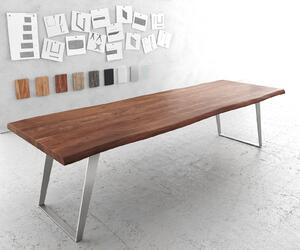 DELIFE Étkezőasztal Edge 300x100 cm XL akác barna rozsdamentes acél ezüst ferde Live-Edge