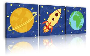 Vászonkép 3 darabos, Űrhajó és bolygók, 3 db 25x25 cm méret