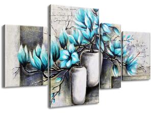 Órás falikép Kék magnóliák vázákban - 4 részes Méretek: 120 x 70 cm