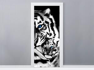 Gario Fotótapéta ajtóra Feketefehér tigris és kistigris Anyag: Öntapadó, Méret: 95 x 205 cm