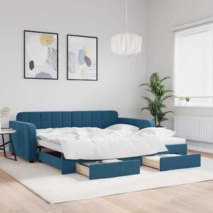 VidaXL kék kihúzható bársony heverő fiókkal 100 x 200 cm