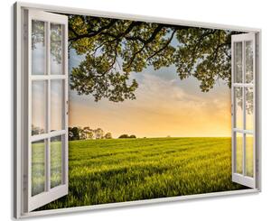 Gario Vászonkép Nyitott ablak Virágzó mezo Méret: 90 x 60 cm