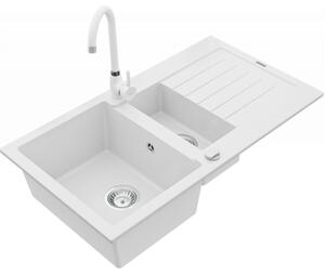 NEXT2 másfél medencés mosogató szett 2 féle választható csapteleppel (Beta, Steel) automata szűrőkosaras leeresztővel, szifonnal fehér színben, beépíthető