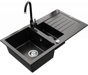 NEXT2 másfél medencés mosogató szett 2 féle választható csapteleppel (Beta, Steel) automata szűrőkosaras leeresztővel, szifonnal fekete színben, beépíthető