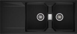 KRONOS 200 kétmedencés csepegtetőtálcás gránit mosogató automata dugóemelő, szifonnal, fekete-szemcsés, beépíthető