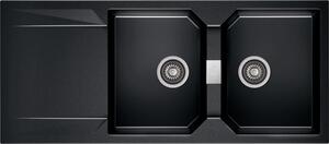 KRONOS 200 kétmedencés csepegtetőtálcás gránit mosogató automata dugóemelő, szifonnal, fekete-szemcsés fényes, beépíthető