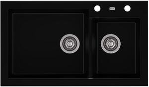 A-POINT 140 kétmedencés gránit mosogató automata dugóemelő, szifonnal, fekete, beépíthető