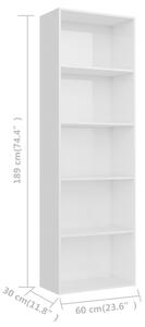 VidaXL 5-szintes fényes fehér forgácslap könyvszekrény 60x30x189 cm