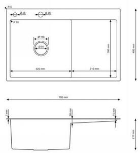 Erga HD, 1 kamrás acél mosogató 780x490x210 mm, bal, arany, ERG-MLS-HD7849LG