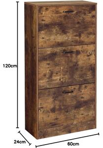Cipőtároló szekrény 3 ajtóval, rusztikus barna 60x24x120cm