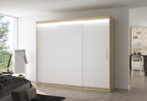 ARTIS tolóajtós ruhásszekrény, 250x215x58, sonoma/fehér + LED