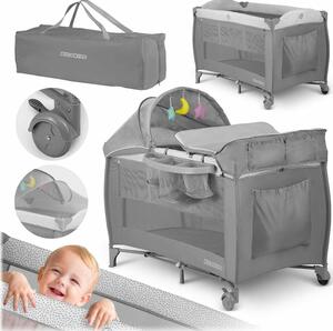 Ricokids állítható fekvőmagasságú prémium Utazóágy kiegészítőkkel és kupolával, 125x78x65, 15kg - Szürke