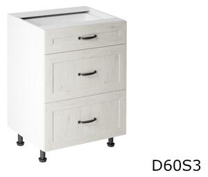 ROYAL D60S3 alsó rajzoló széles konyhaszekrény, 60x82x47, fehér skandináv fenyő/vad tölgy