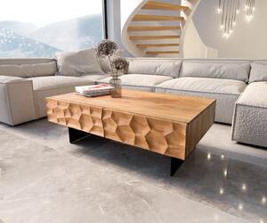 DELIFE Dohányzóasztal Solu 120x70 cm akác természetes 4 fiók lebegő fém láb fekete 3D előlap