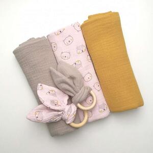 Babatakaró textil pelenka 3 db-os szett rózsaszín maci őz mintás 