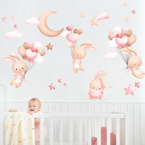 INSPIO - átragasztható textil matrica - Öntapadós falmatrica - Nyuszik rózsaszín lufikkal