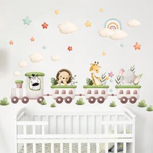 INSPIO - átragasztható textil matrica - Falmatrica babaszoba - Vonat állatokkal