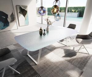 DELIFE Étkezőasztal Edge hajóformájú 240x120 cm domborított üveg gyöngyház 3D design fém ferde fehér