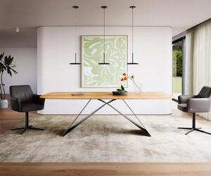 DELIFE Étkezőasztal Edge hajóformájú 240x120x2,5-3 tölgy természetes V-láb laposacél fekete svájci él
