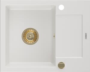Mexen Enzo1-medencés gránit mosogató edényszárítóval 576 x 465 mm, Fehér, szifon Arany - 6506571005-20-G