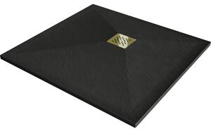 Mexen Stone+ kompozit négyzetes zuhanytálca 70 x 70 cm, fekete, arany takaróval - 44707070-G