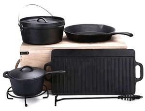 Öntöttvas BBQ Grill szett fa dobozos 6+1 részes