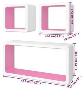 VidaXL 3 db függő szögletes MDF polc / köny, DVD tartó fehér-rózsaszín