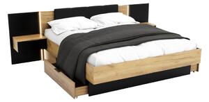 ARKADIA francia ágy + ágyrács + matrac COMFORT + éjjeli szekrények, 160x200, tölgy Kraft zlatý/fekete