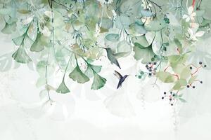 Tapéta zöld levelek kolibrikkel
