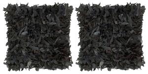 VidaXL 2 db fekete bőr és pamut bozontos párna 45 x 45 cm