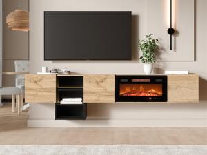 TV-állvány Charlotte 218, Edzett üveg, Laminált forgácslap, 53x200x32cm, Wotan tölgy, Fekete