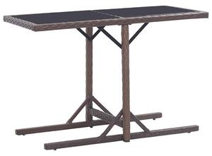 Barna polyrattan és üveglapos kerti asztal 110 x 53 x 72 cm