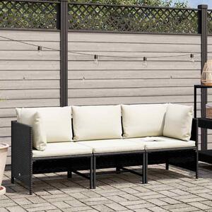 3 személyes fekete polyrattan kerti kanapé párnákkal