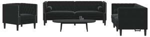 3 részes fekete bársony Chesterfield kanapészett párnákkal