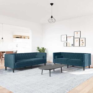 2 részes kék bársony Chesterfield kanapészett hengerpárnákkal