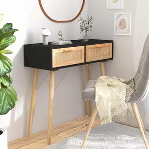 Fekete tömör fenyő és természetes rattan tálaló 80x30x75 cm