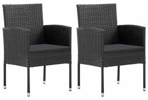 2 db fekete polyrattan kerti szék fekete párnákkal