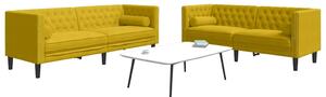 2 részes sárga bársony Chesterfield kanapészett hengerpárnákkal