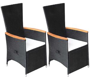 2 db fekete dönthető háttámlás polyrattan kerti szék párnával