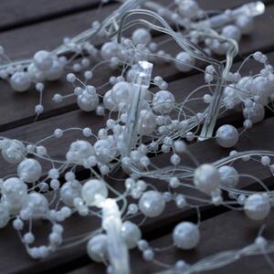 LED fényfüzér – fehér gyöngyökkel, elemes, jégfehér