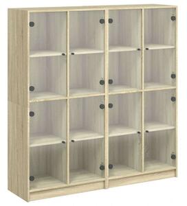 Fa Könyvespolc - 16 Rekesz - Üveg - Sonoma Tölgy - 136x37x142 cm