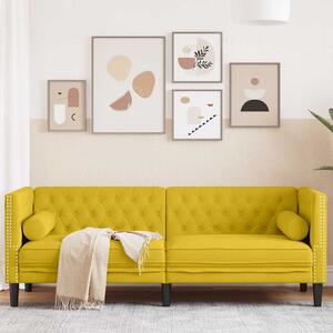 3 személyes sárga bársony Chesterfield kanapé hengerpárnákkal