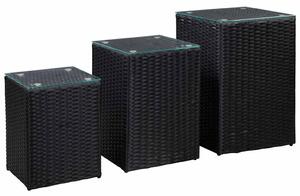 3 db fekete polyrattan kisasztal üveg asztallappal